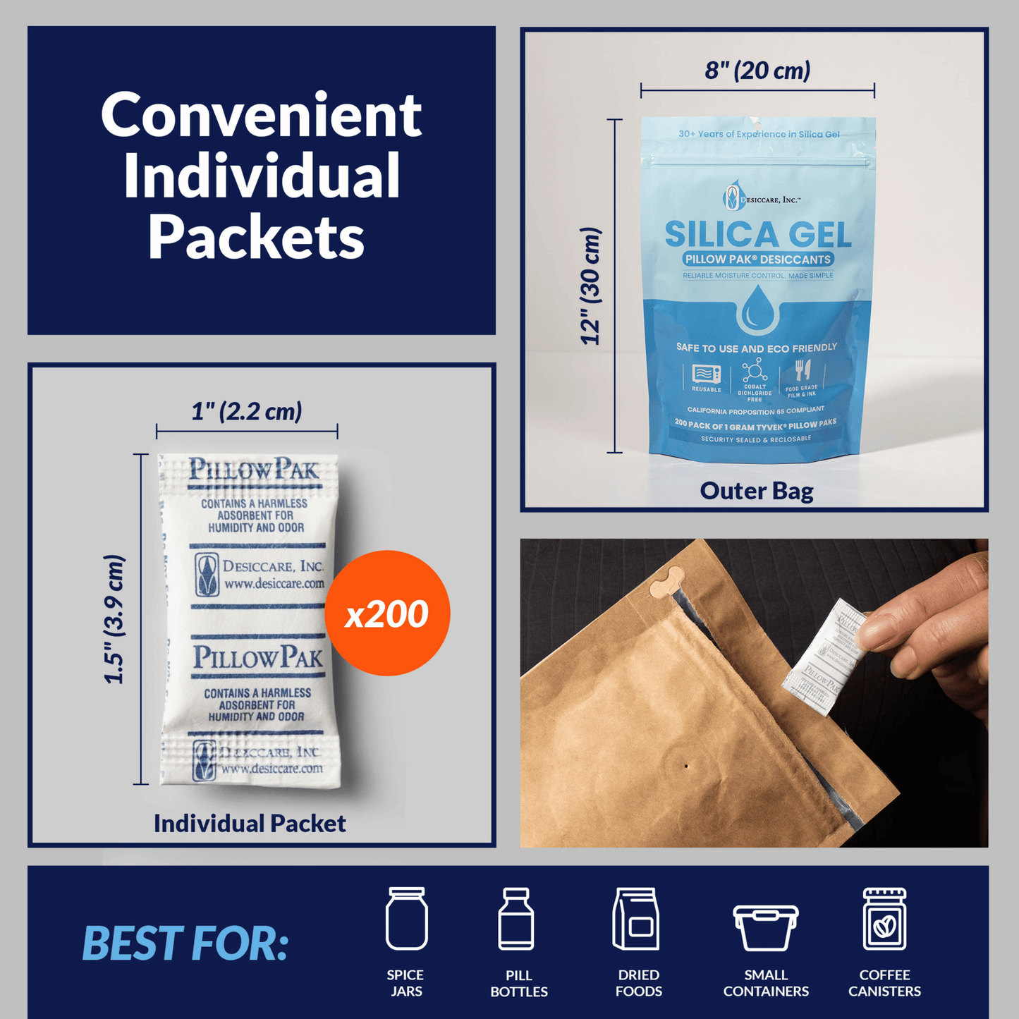 1 Gram Silica Gel Pillow Pak® Desiccant in Tyvek – Food Safe Moisture Absorbers (200-Pack)