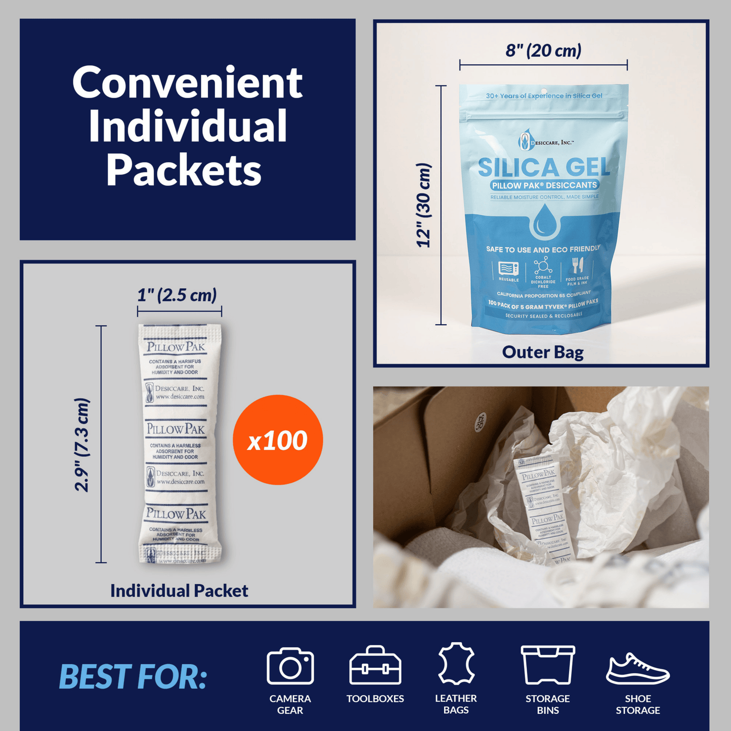 5 Gram Silica Gel Pillow Pak® Desiccant in Tyvek – Food Safe Moisture Absorbers (100-Pack)